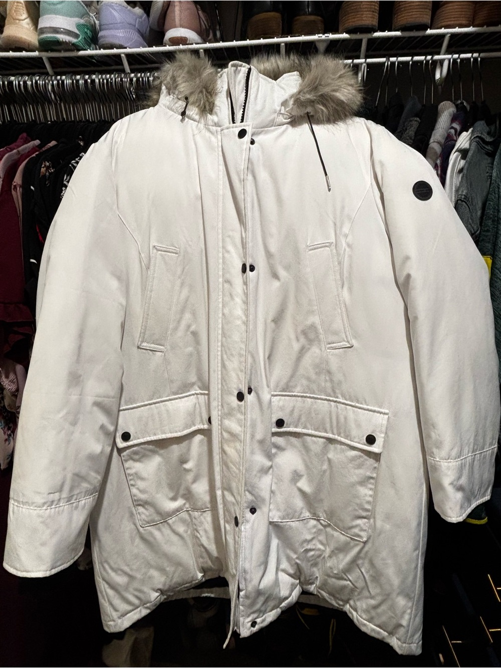 Women’s White Parka Coat with Faux Fur Hood